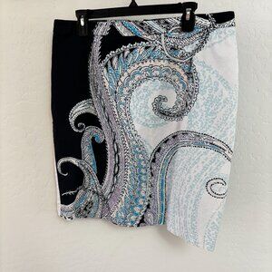 NY & Co Colorful Paisley Print Knee-Length Skirt - Black/White/Blue - Size 12